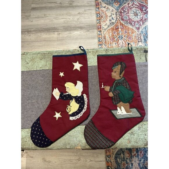 2 VINTAGE CHRISTMAS STOCKINGS - ANGEL AND SLEEPY  TEDDY BEAR - Picture 1 of 4